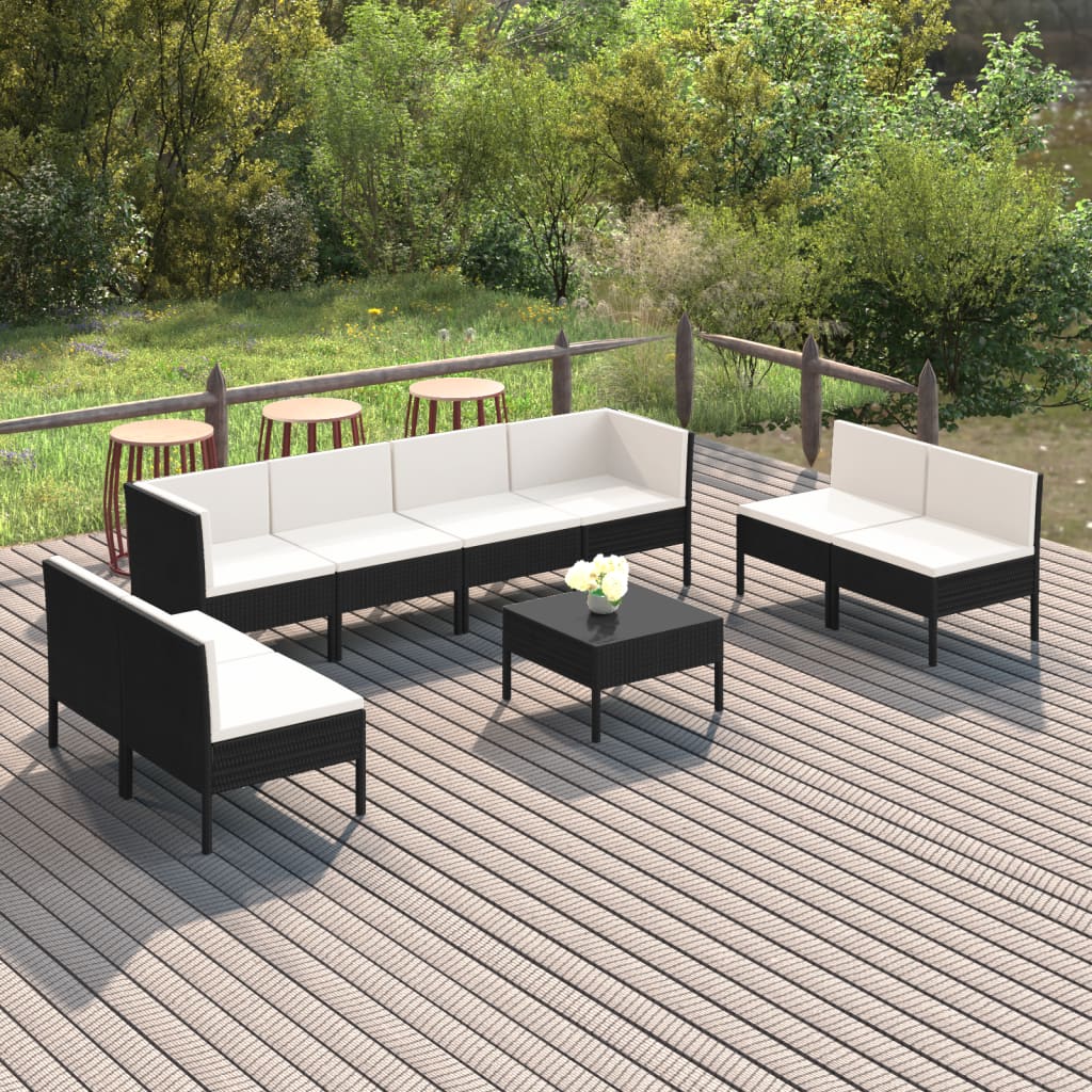 vidaXL 9 Piece Patio Lounge Set with Cushions Poly Rattan Black-0