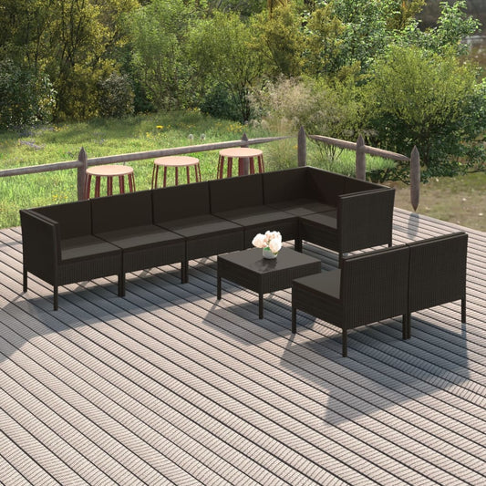 vidaXL 9 Piece Patio Lounge Set with Cushions Poly Rattan Black-0