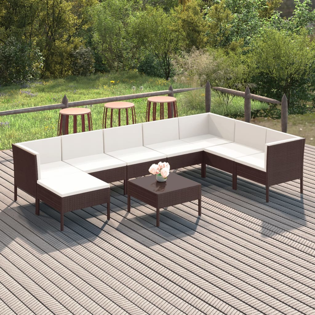 vidaXL 9 Piece Patio Lounge Set with Cushions Poly Rattan Brown-0