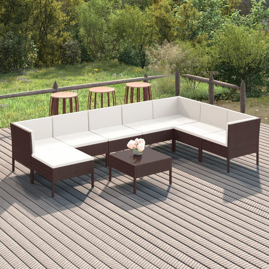 vidaXL 9 Piece Patio Lounge Set with Cushions Poly Rattan Brown-0