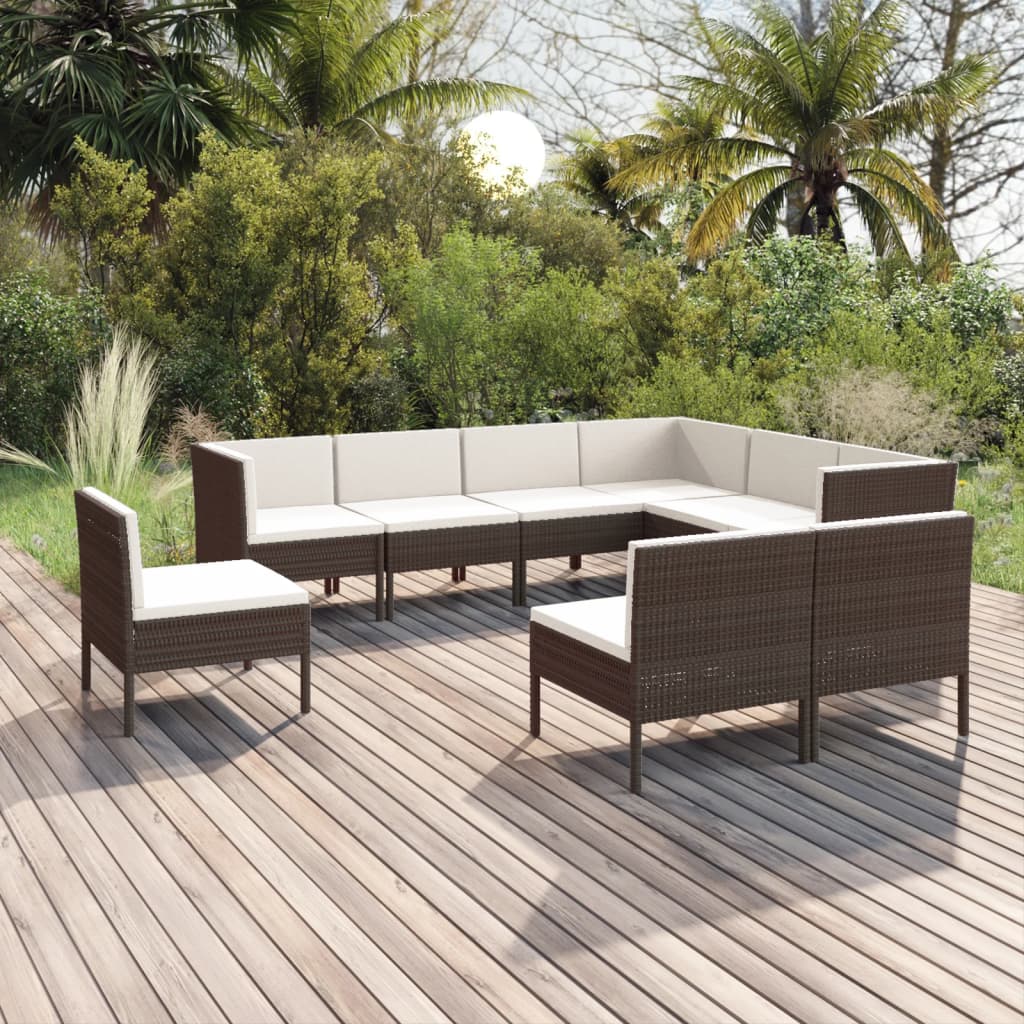 vidaXL 9 Piece Patio Lounge Set with Cushions Poly Rattan Brown-0
