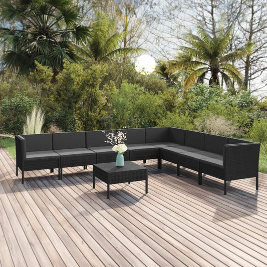 vidaXL 9 Piece Patio Lounge Set with Cushions Poly Rattan Black-0