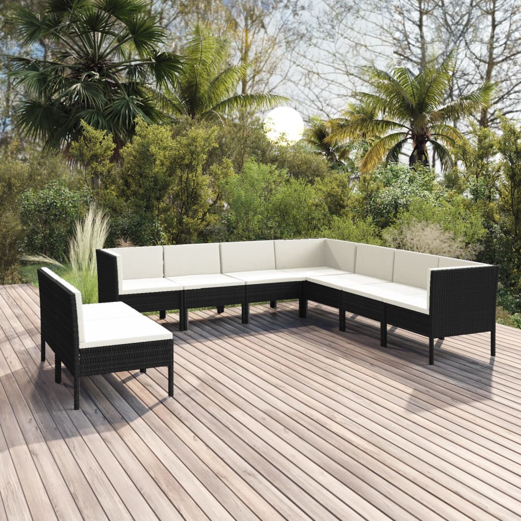 vidaXL 9 Piece Patio Lounge Set with Cushions Poly Rattan Black-0
