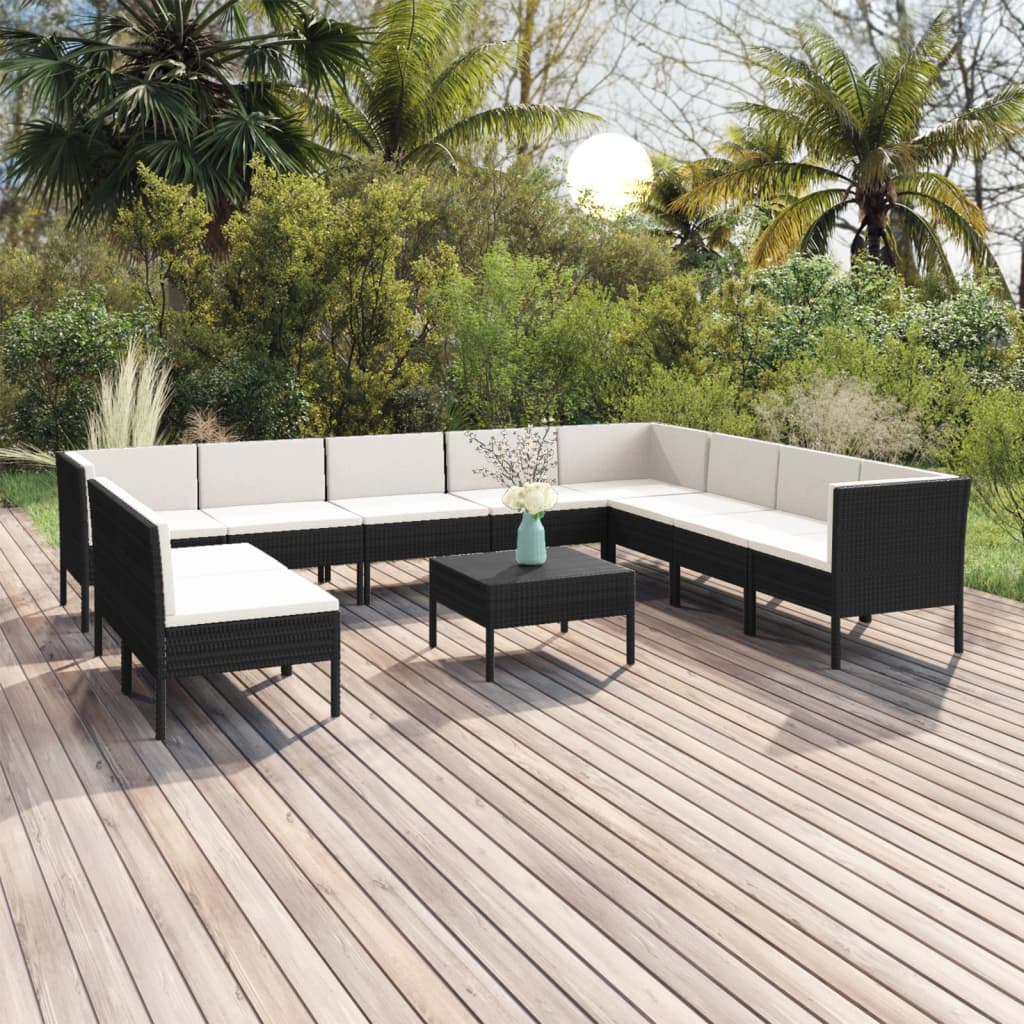 vidaXL 11 Piece Patio Lounge Set with Cushions Poly Rattan Black-0