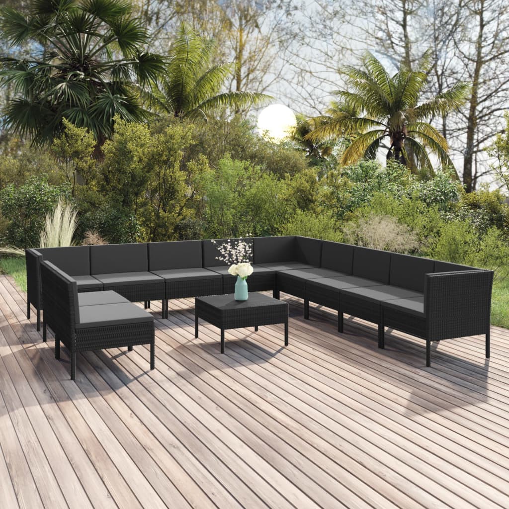 vidaXL 12 Piece Patio Lounge Set with Cushions Poly Rattan Black-0