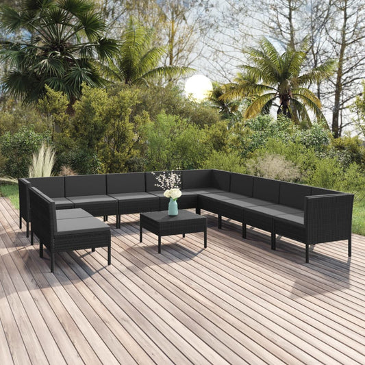 vidaXL 12 Piece Patio Lounge Set with Cushions Poly Rattan Black-0