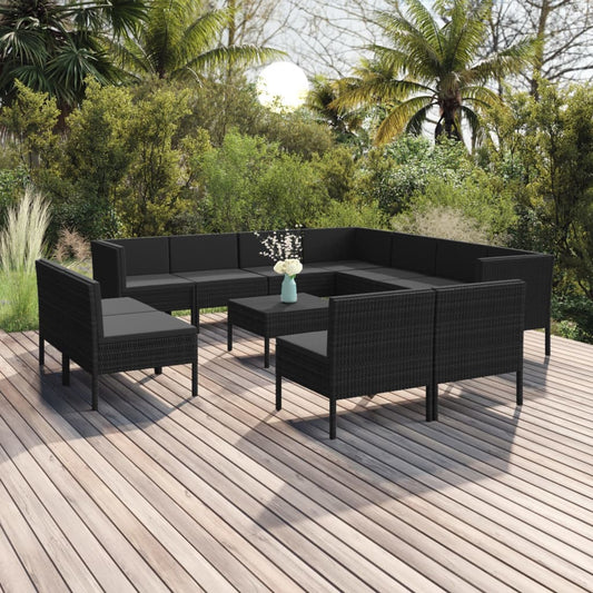 vidaXL 12 Piece Patio Lounge Set with Cushions Poly Rattan Black-0