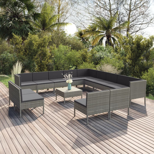 vidaXL 14 Piece Patio Lounge Set with Cushions Poly Rattan Gray-0