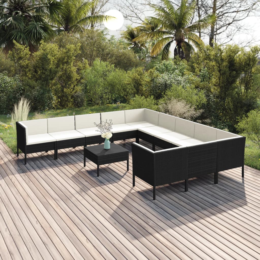 vidaXL 12 Piece Patio Lounge Set with Cushions Poly Rattan Black-0
