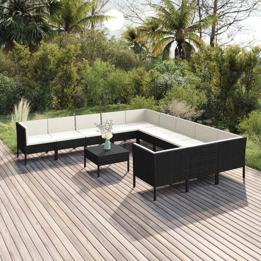 vidaXL 12 Piece Patio Lounge Set with Cushions Poly Rattan Black-0
