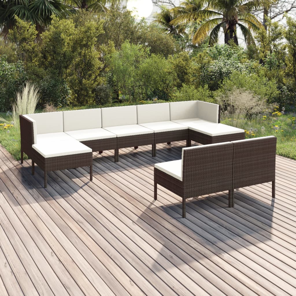 vidaXL 9 Piece Patio Lounge Set with Cushions Poly Rattan Brown-0