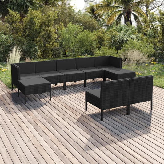 vidaXL 9 Piece Patio Lounge Set with Cushions Poly Rattan Black-0