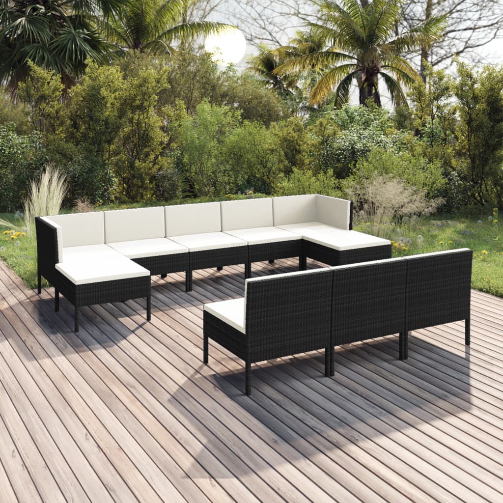 vidaXL 10 Piece Patio Lounge Set with Cushions Poly Rattan Black-0