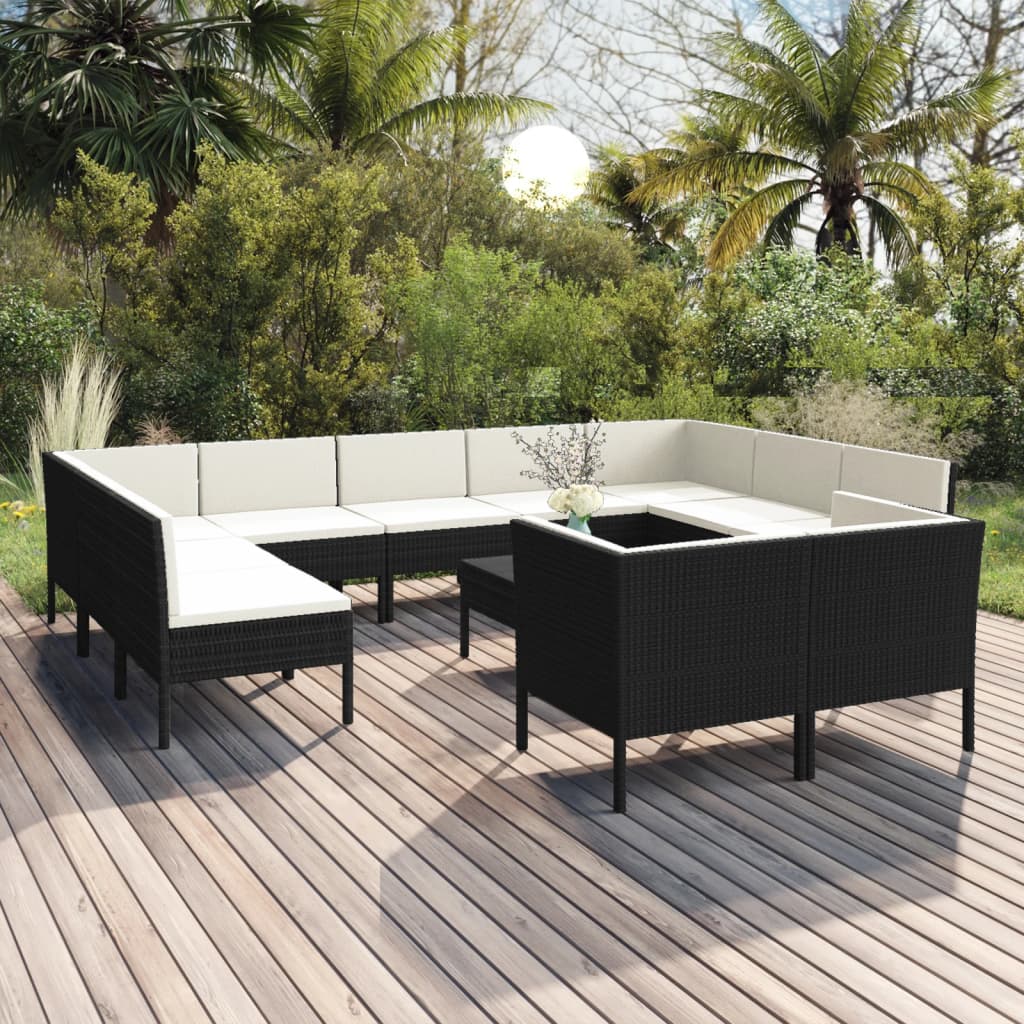 vidaXL 12 Piece Patio Lounge Set with Cushions Poly Rattan Black