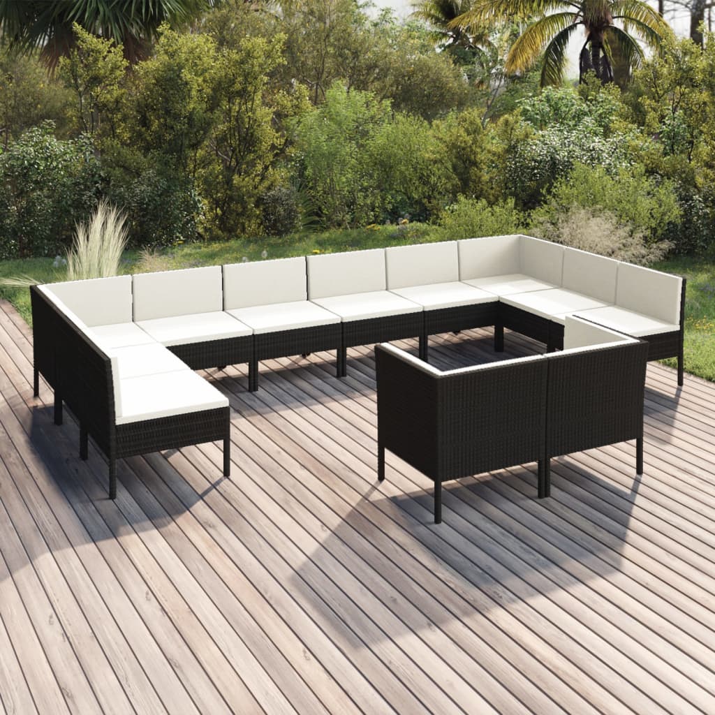 vidaXL 12 Piece Patio Lounge Set with Cushions Poly Rattan Black-0
