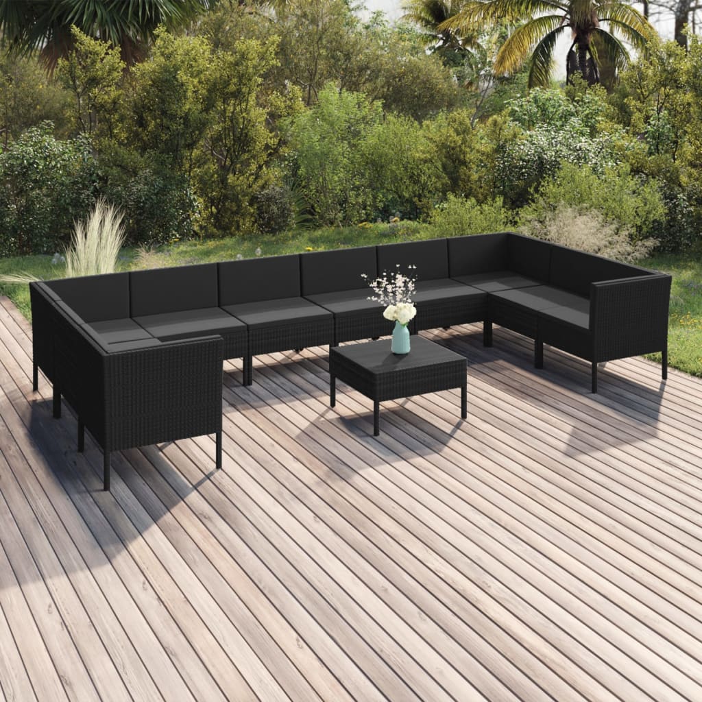vidaXL 11 Piece Patio Lounge Set with Cushions Poly Rattan Black-0