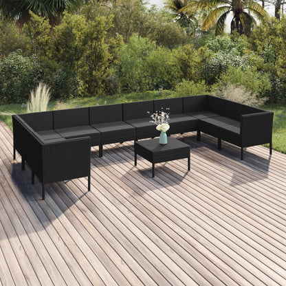 vidaXL 11 Piece Patio Lounge Set with Cushions Poly Rattan Black-0
