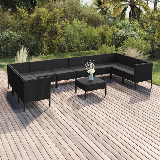 vidaXL 11 Piece Patio Lounge Set with Cushions Poly Rattan Black-0
