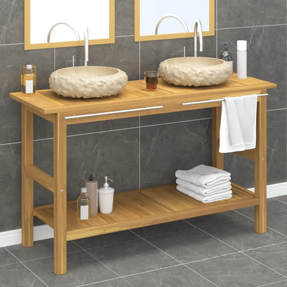 vidaXL Bathroom Vanity Cabinet with Cream Marble Sinks Solid Wood Teak-0