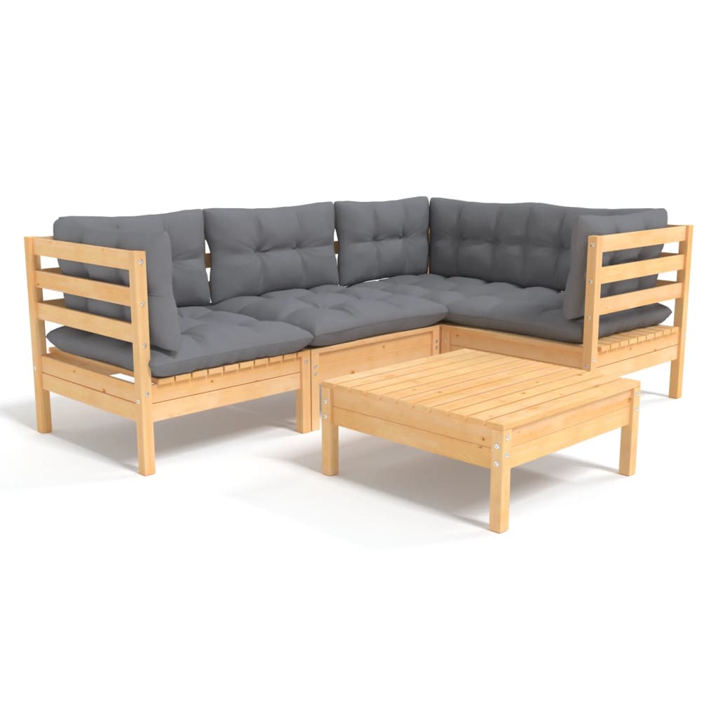 vidaXL 5 Piece Patio Lounge Set with Cream Cushions Pinewood-4