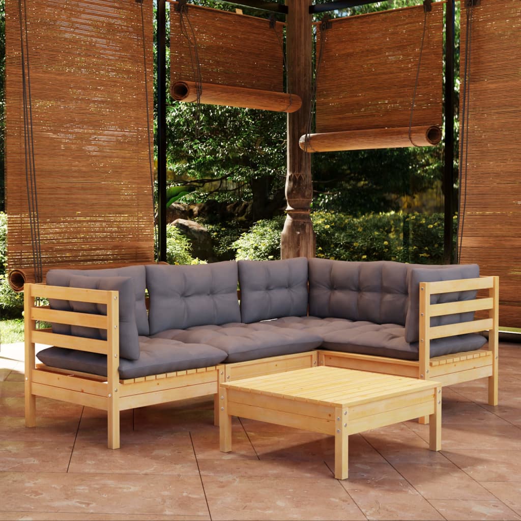 vidaXL Solid Pinewood Patio Lounge Set 5 Piece with Cushions Multi Colors-7