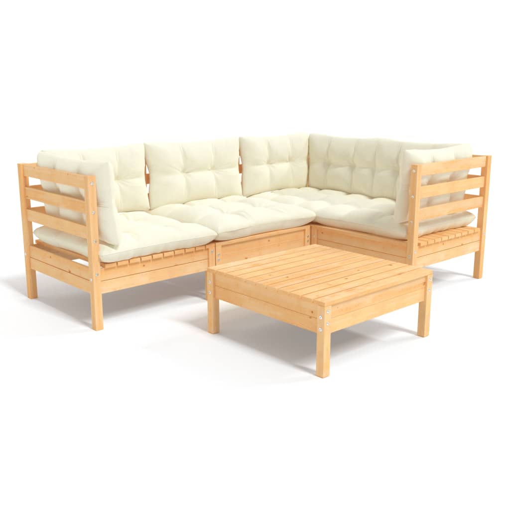 vidaXL 5 Piece Patio Lounge Set with Cream Cushions Pinewood-2