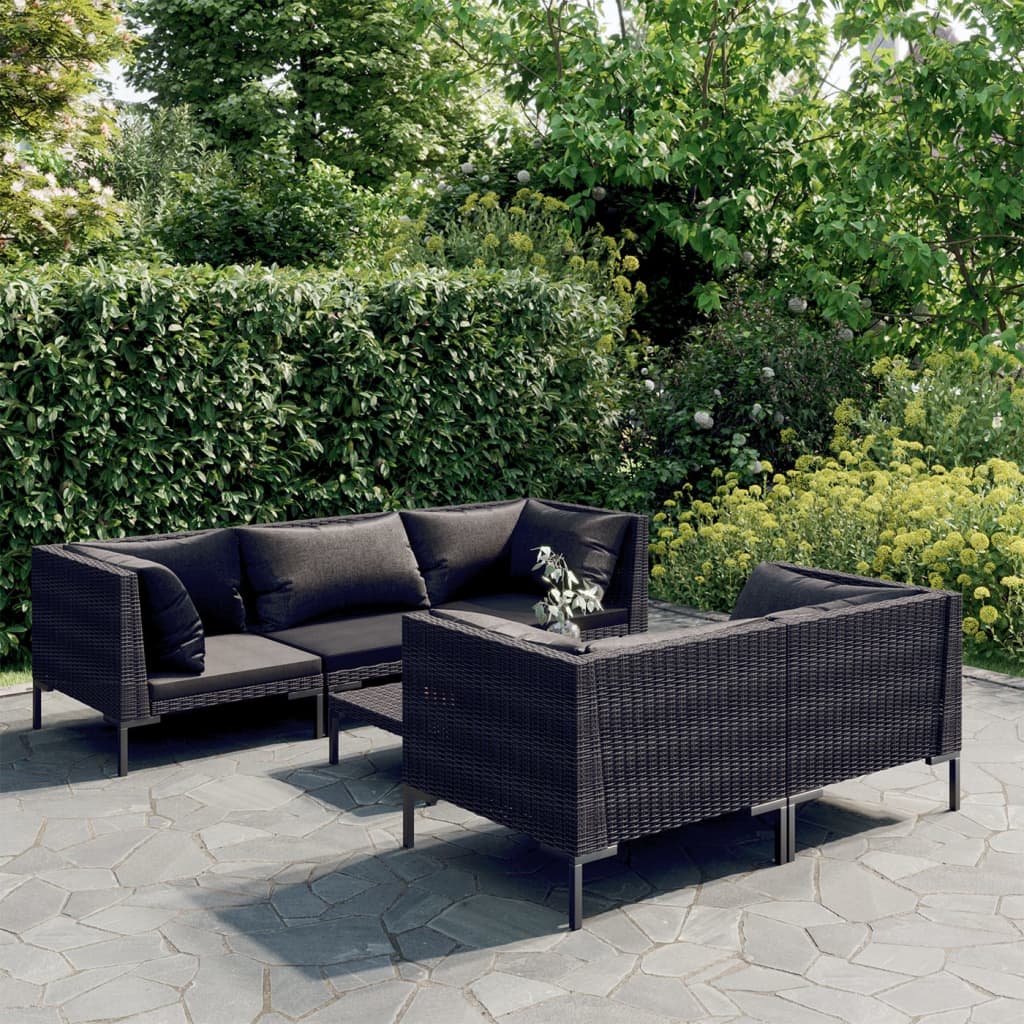 vidaXL 6 Piece Patio Lounge Set with Cushions Poly Rattan Dark Gray-0