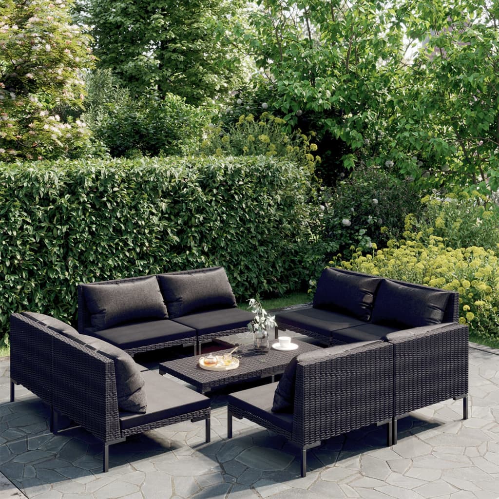 vidaXL 9 Piece Patio Lounge Set with Cushions Poly Rattan Dark Gray-1