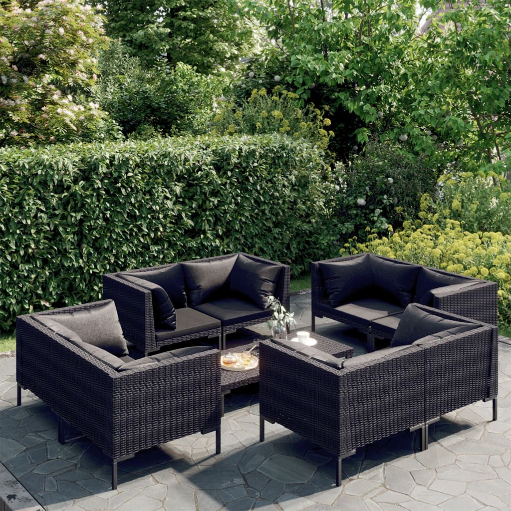vidaXL 9 Piece Patio Lounge Set with Cushions Poly Rattan Dark Gray-0