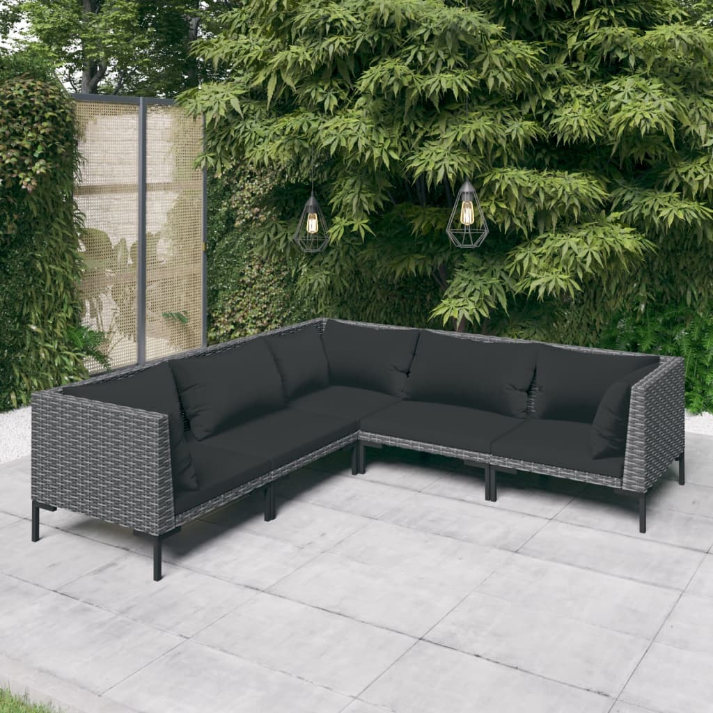 vidaXL 5 Piece Patio Lounge Set with Cushions Poly Rattan Dark Gray-0