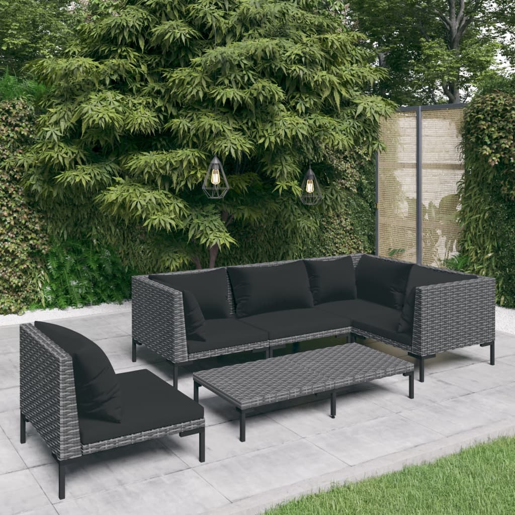vidaXL 6 Piece Patio Lounge Set with Cushions Poly Rattan Dark Gray-0