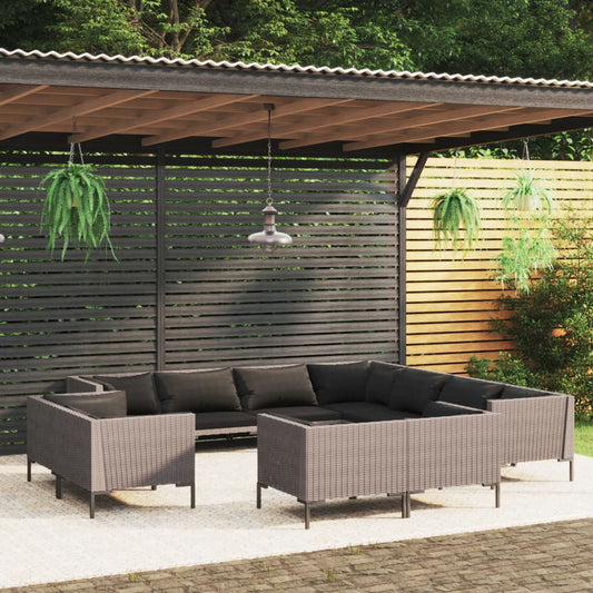 vidaXL 11 Piece Patio Lounge Set with Cushions Poly Rattan Dark Gray-0