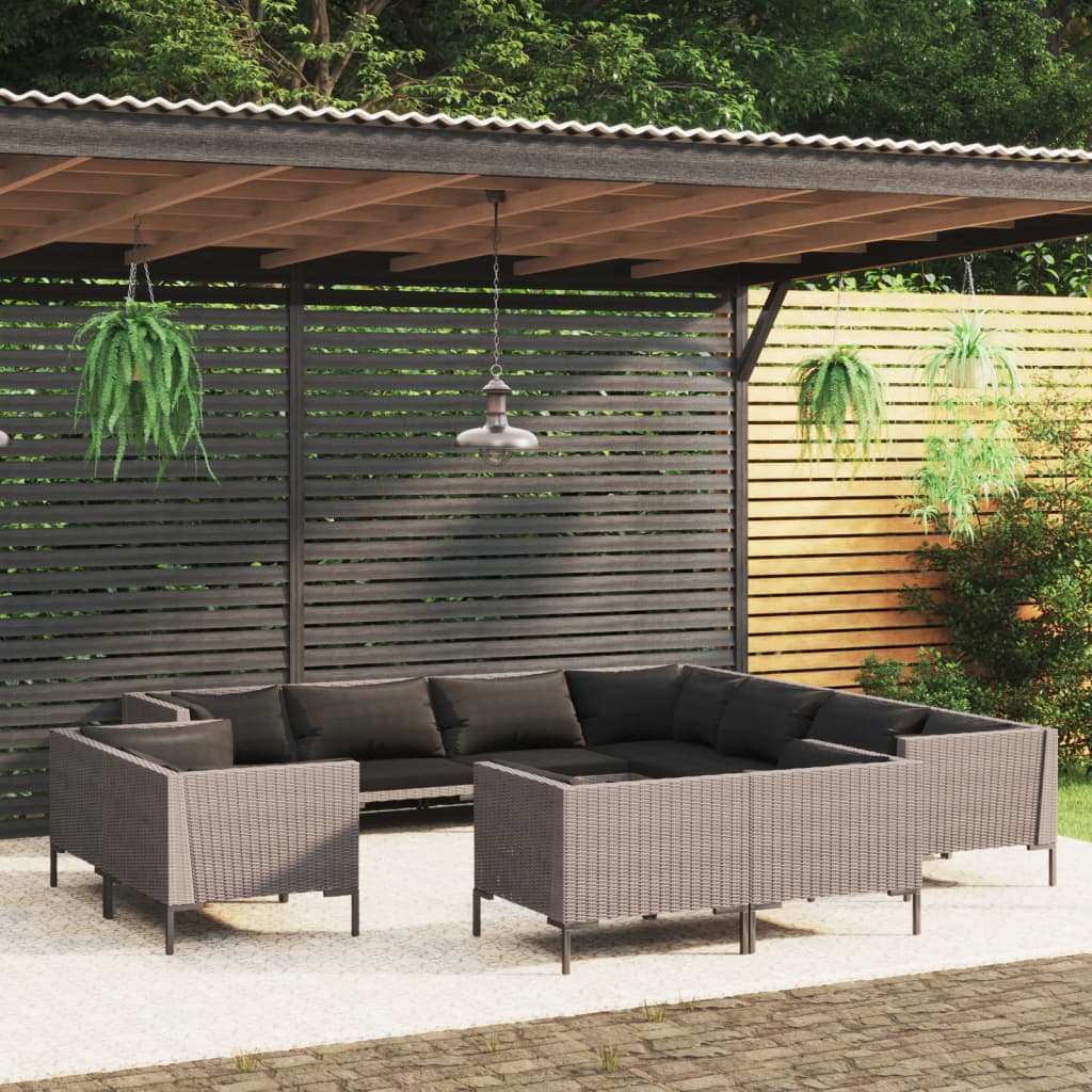 vidaXL 11 Piece Patio Lounge Set with Cushions Poly Rattan Dark Gray-0