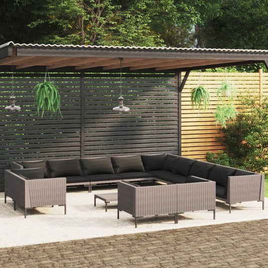 vidaXL 14 Piece Patio Lounge Set with Cushions Poly Rattan Dark Gray-0