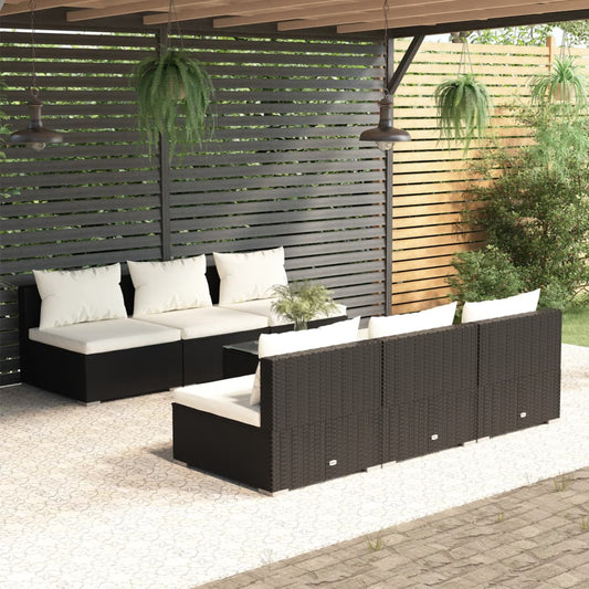 vidaXL 7 Piece Patio Lounge Set with Cushions Poly Rattan Black-0