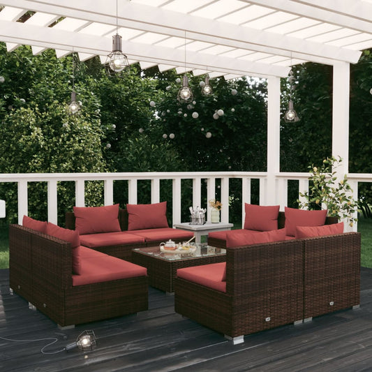 vidaXL 9 Piece Patio Lounge Set with Cushions Poly Rattan Brown-0