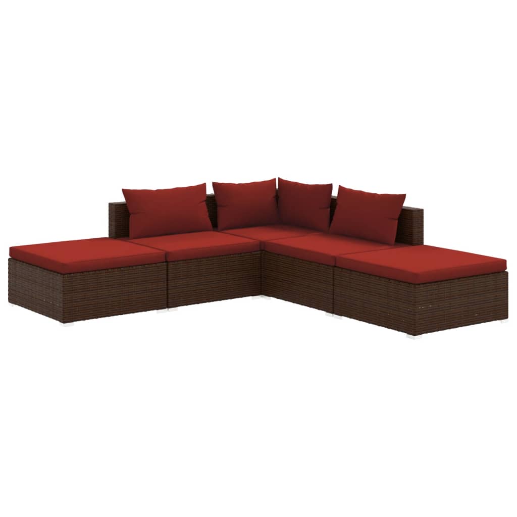 vidaXL 5 Piece Patio Lounge Set with Cushions Poly Rattan Brown-0