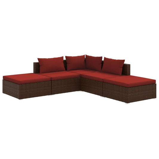 vidaXL 5 Piece Patio Lounge Set with Cushions Poly Rattan Brown-0