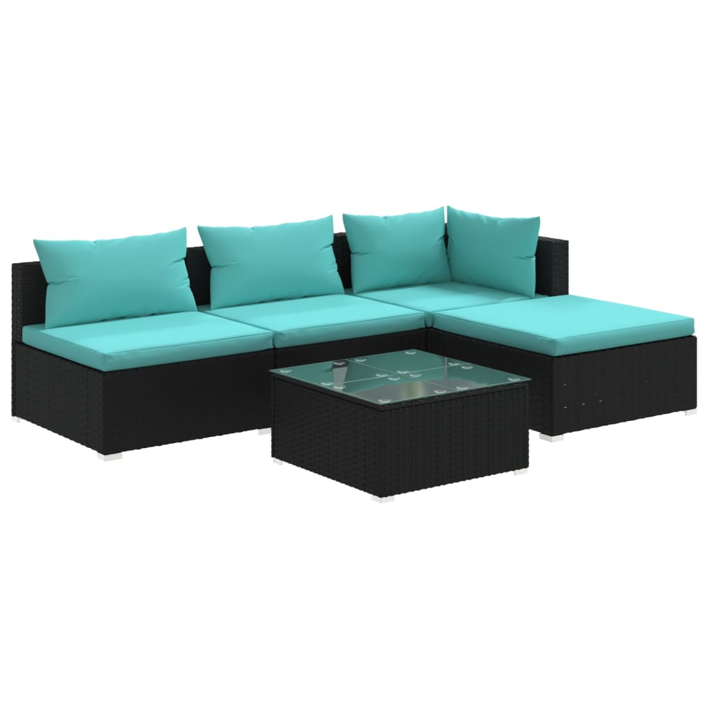 vidaXL 5 Piece Patio Lounge Set with Cushions Poly Rattan Black-0