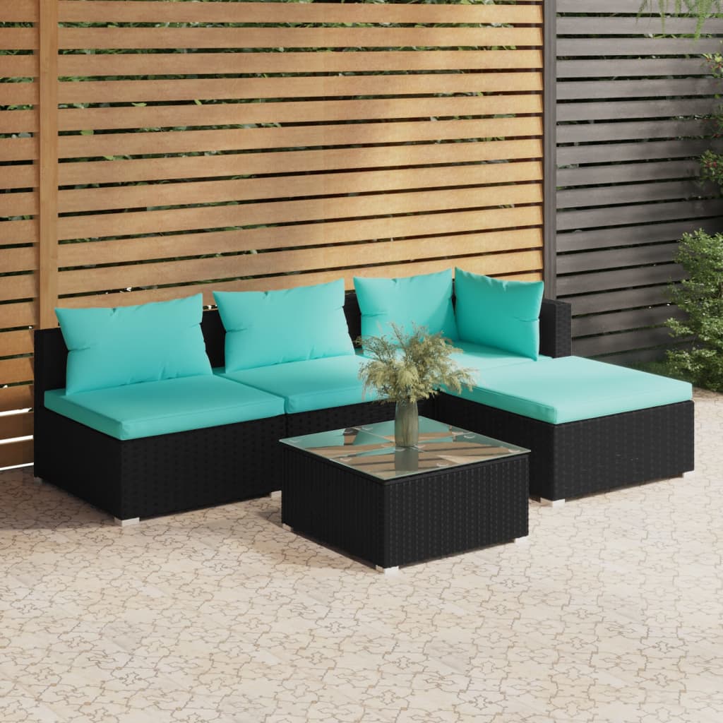 vidaXL 5 Piece Patio Lounge Set with Cushions Poly Rattan Black-1