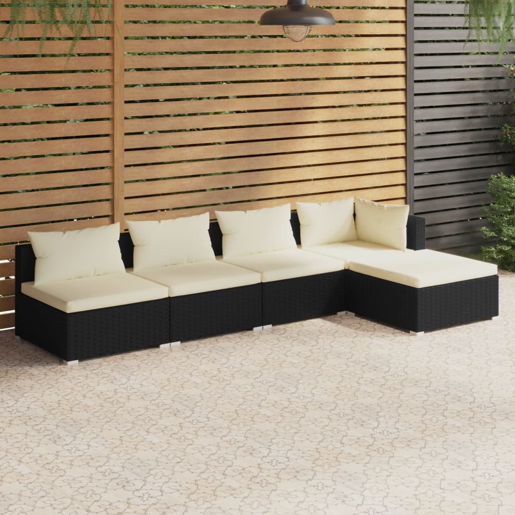 vidaXL 5 Piece Garden Lounge Set with Cushions Poly Rattan Black-1