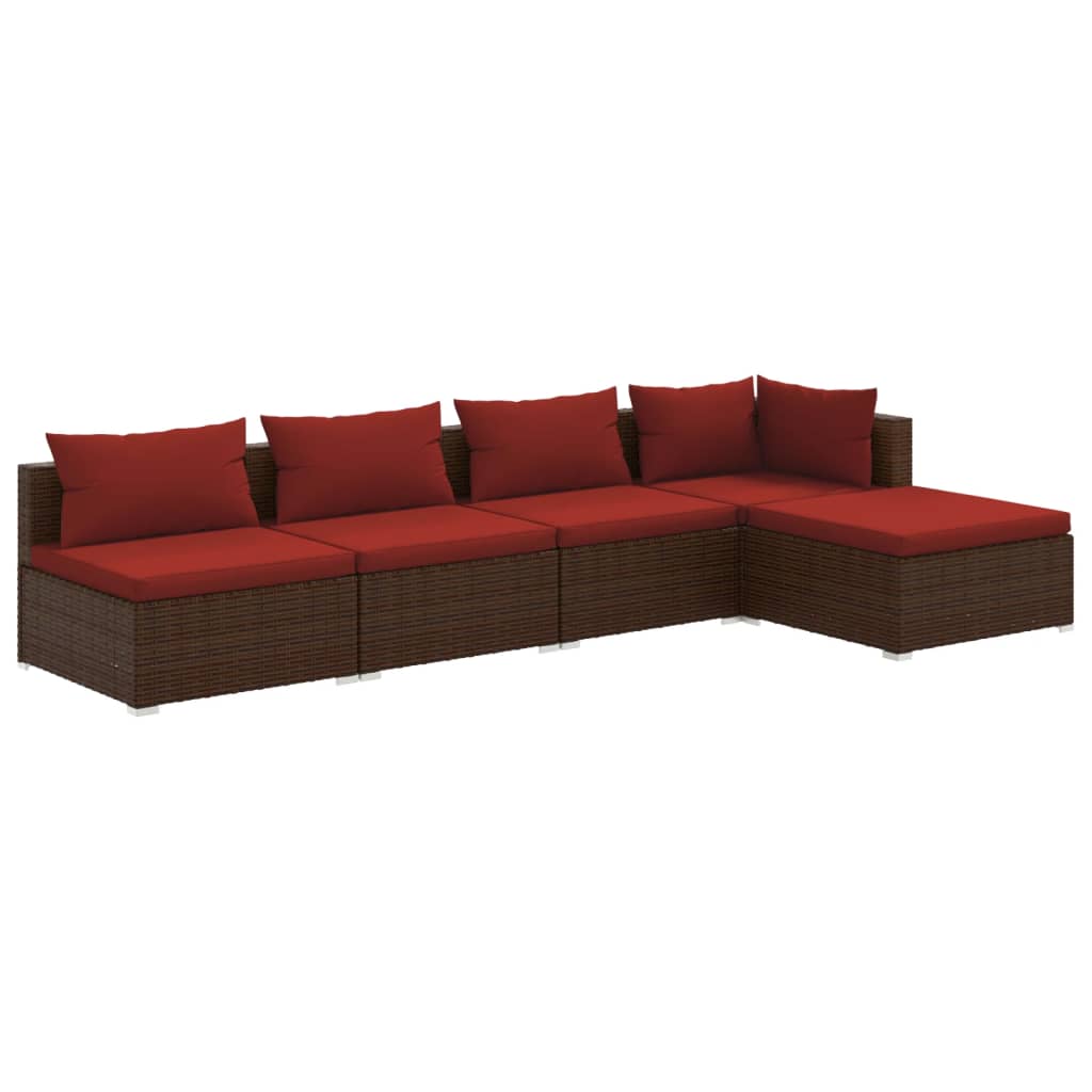 vidaXL 5 Piece Patio Lounge Set with Cushions Poly Rattan Brown-0