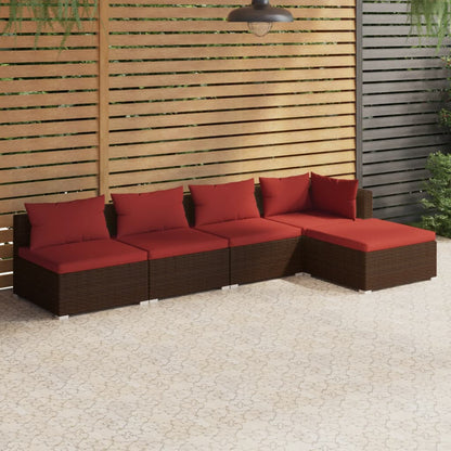 vidaXL 5 Piece Patio Lounge Set with Cushions Poly Rattan Brown-1