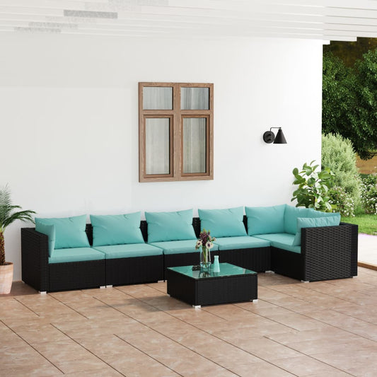 vidaXL 7 Piece Patio Lounge Set with Cushions Poly Rattan Black-0