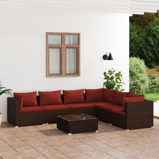 vidaXL 7 Piece Patio Lounge Set with Cushions Poly Rattan Brown-0