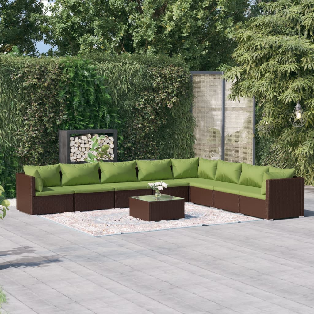 vidaXL 9 Piece Patio Lounge Set with Cushions Poly Rattan Brown-0