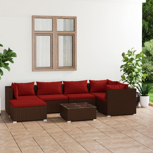 vidaXL 7 Piece Patio Lounge Set with Cushions Poly Rattan Brown-0