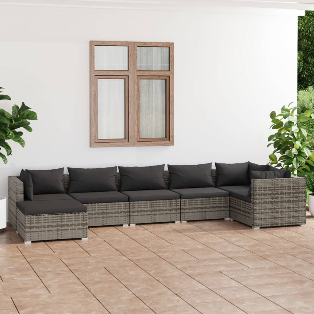 vidaXL 7 Piece Patio Lounge Set with Cushions Poly Rattan Gray-0