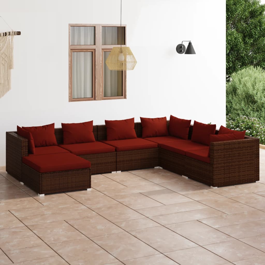 vidaXL 7 Piece Patio Lounge Set with Cushions Poly Rattan Brown-0