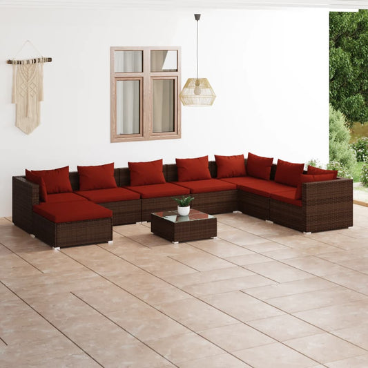vidaXL 9 Piece Patio Lounge Set with Cushions Poly Rattan Brown-0